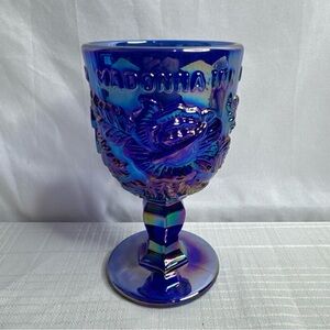 Fenton Madonna Inn Wild Rose Wine Goblet Cobalt Blue Carnival Luster 10oz RARE